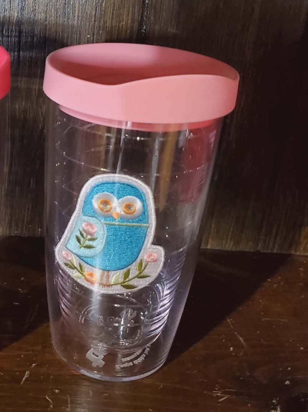 tervis Pink Lid Clear Tumbler with Blue Owl Patch